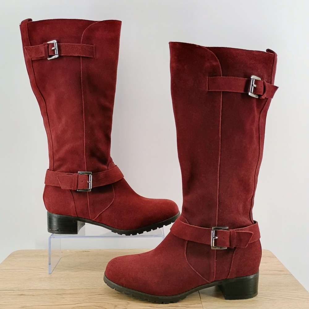 Hot In Hollywood Womens Tall Suede Maroon Boots Size 7.5 Buckle Strap Heel Shoes